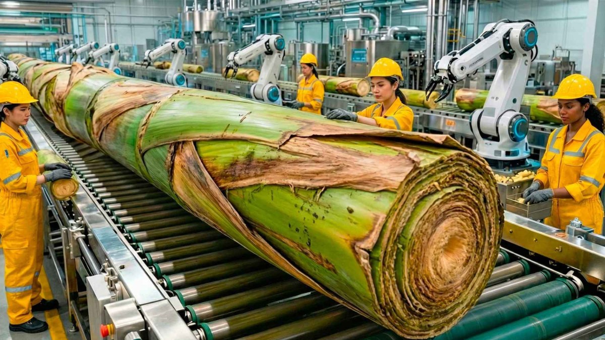 tonnen von bananenstämmen nach der ernte werden zu rohstoffen für kleidung und papier
